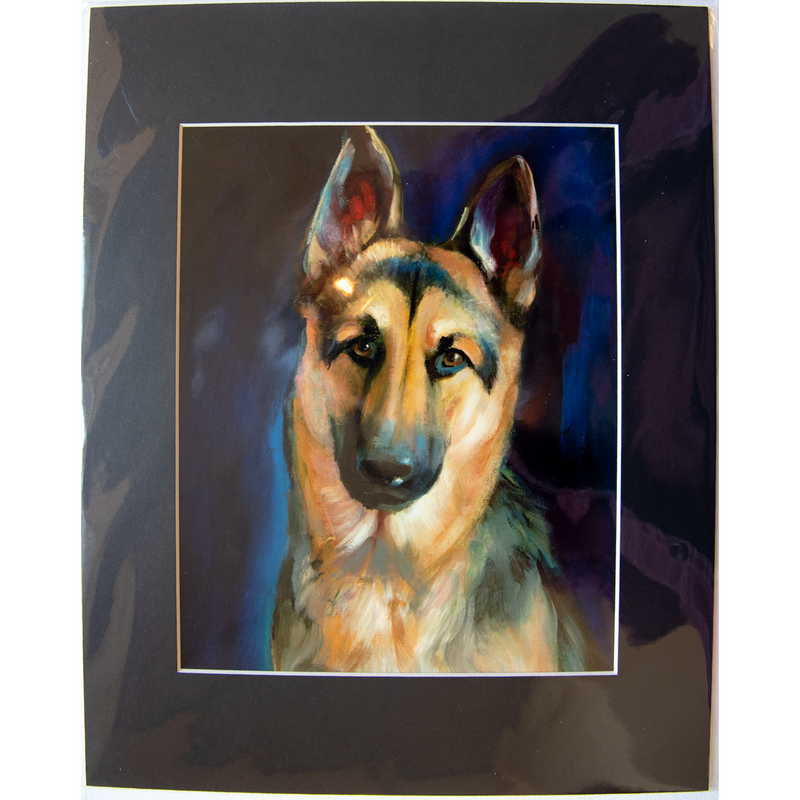 German Shepherd - Matted: print framed with black matt, clear glassine cover -11" x 14"  - $23.00