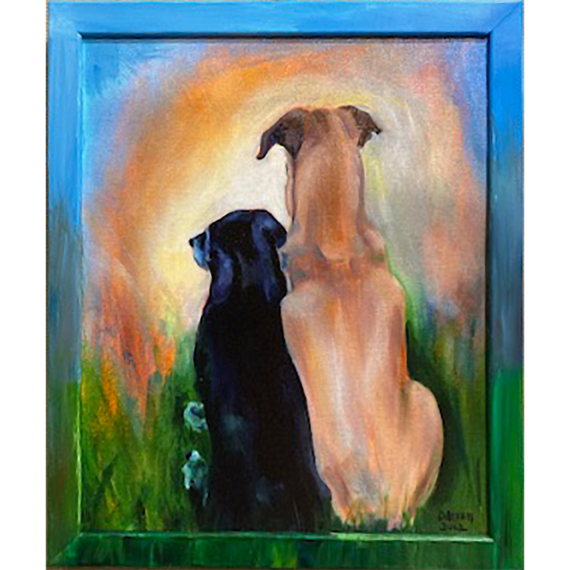 Dogs - Framed: Hand-painted frame over canvas print - 18.5" x 16"- $99..00