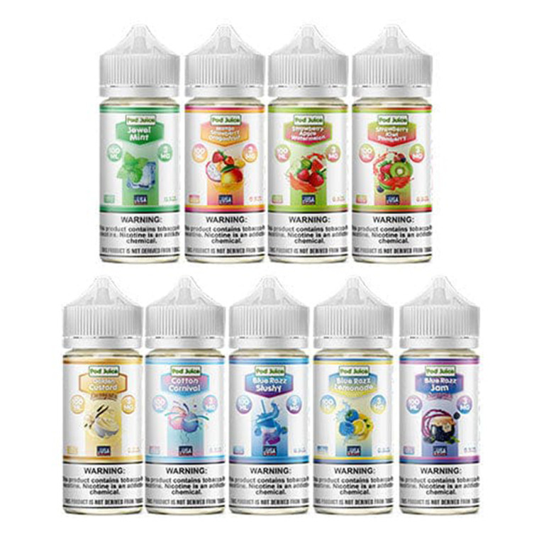Pod Juice Series E-Liquid 100mL (Freebase)

Try out our new line up of Pod Juice Series E-Liquid 100mL (Freebase). All of your favorite Pod Juice flavors, specially formulated for your drip or tank system of choice.

Flavors:
Blue Razz Jam – Blue Raspberry | Jam
Blue Razz Lemonade – Blue Raspberry | Lemonade
Blue Razz Lemonade Freeze – Blue Raspberry | Lemonade | Menthol
Blue Razz Slushy – Blue Raspberry Slushy
Blue Razz Slushy Freeze – Blue Raspberry Slushy | Menthol
Cotton Carnival – Cotton Candy
Golden Custard – Golden Custard
Jewel Mint – Sweet Mint
Jewel Mint Sapphire Freeze – Sweet Mint | Menthol
Mango Strawberry Dragonfruit – Mango | Strawberry | Dragonfruit
Mango Strawberry Dragonfruit Freeze – Mango | Strawberry | Dragonfruit | Menthol
Strawberry Apple Watermelon – Strawberry | Apple | Watermelon
Strawberry Kiwi Pomberry – Strawberry | Kiwi | Pomberry
Strawberry Kiwi Pomberry Freeze – Strawberry | Kiwi | Pomberry | Freeze
Rainbow Freeze – Rainbow Candy | Menthol
Jewel Tobacco – Mint | Tobacco
Clear
Clear Sapphire
Virginia Tobacco
Cola Freeze 
Glazed Donut (NEW)
Sour Fruity Worms (NEW)
Features:
Bottle Size – 100mL Unicorn Bottle
VG/PG Ratio – 70VG/30PG
Available Nicotine – 0mg | 3mg | 6mg