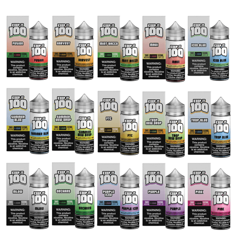 Keep It 100 TFN Series E-Liquid 100mL (Freebase)
Introducing the Keep It 100 TFN Series E-Liquid 100mL (Freebase), a collection of 21 delectable flavors designed to enhance your vaping experience. From the sweet and creamy 4/2/91 (Shake) and B.A.L (Berry Au Lait) to the refreshing Dew Drop and Trop Blue (OG Tropical Blue), each flavor is crafted to perfection. Explore a range of options, including fruity blends like Maui (Maui Blast), Mango Peach, and Orchard (OG Orchard), or indulge in the classic taste of Mint Bacco and Bacco. With a generous 100mL unicorn bottle, you’ll have plenty to enjoy. Choose from nicotine strengths of 3mg and 6mg, featuring tobacco-free nicotine for a satisfying vape. Elevate your vaping journey with the Keep It 100 Tobacco-Free Nicotine Series.

Quick Links:
Keep It 100 Series (100mL)
Keep It 100 Salts Series (30mL)
Keep It 100 Synthetic Salt Series (30mL)

Flavors:

4/2/91 (Shake) – Birthday Cake | Milkshake
B.A.L (Berry Au Lait) – Strawberry | Milk
Bacco – Tobacco
Blue (OG Blue) – Strawberry | Blue Raspberry
Dew Drop – Honey Dew Melon
Dew Drop Iced – Honey Dew | Melon | Menthol
Foster (Nana Foster) – Banana
FTC (Krunch) – Cereal | French Toast
Fusion (OG Island Fusion) – Strawberry | Kiwi | Watermelon
Harvest (Autumn Harvest) – Apple Cider | Donut
Iced Blue (OG Blue Iced) – Strawberry | Blue Raspberry | Menthol
Iced Orchard – Strawberry | Peach | Apple | Mango
Mango Peach – Mango | Peach
Mango Peach Ice – Mango | Peach | Menthol
Mint Bacco – Spearmint | Tobacco
Mlow (Mallow) – Marshmallow
Orchard (OG Orchard) – Strawberry | Peach | Apple | Mango
Peach Blue Razz – Peach | Blue Raspberry
Peach Blue Razz Iced – Peach | Blue Raspberry | Menthol
Pink (OG Pink) – Strawberry | Taffy
Purple (OG Purp) – Grape
Purple Iced – Grape | Menthol
Summer Blue (OG Summer Blue) – Strawberry | Blue Raspberry | Lemonade
Summer Dew Drop – Lemon | Lime | Honey Dew
Trop Blue (OG Tropical Blue) – Strawberry | Blue Raspberry | Tropical
Trop Dew Drop – Tropical Honeydew Melon
Trop Dew Drop Iced – Tropical | Honeydew | Melon | Menthol
 

Features:

Bottle Size: 100mL Unicorn Bottle
Available Nicotine: 3mg | 6mg, Tobacco-Free Nicotine
VG/PG Ratio: 70VG/30PG