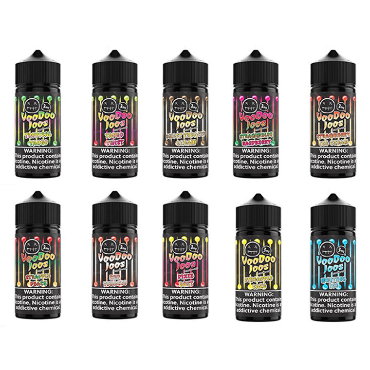 Voodoo Joos Series E-Liquid 100mL (Freebase)

Voodoo Joos Series E-Liquid 100mL (Freebase) is coming at you with a hex and some voodoo magic with this Juice line. Voodoo Joos is bringin’ you 20 flavors for a voodoo time.

Flavors:

Apple Blue Raspberry – Apples and Blue Raspberries mashed together with a touch of Dragon Fruit.
Berry Bash – Strawberries, Raspberries, and Blackberries in perfect harmony.
Blue Lemon Berry – Fresh Blueberries and Lemon with a dash of voodoo magic for added deliciousness.
Candy Blue Razz – Sweet and slightly tangy Blue Raspberry hard candy minus the wrapper!
Cinna Cream Danish – Cinnamon lovers look no further. Tasty creamy cinnamon danish with a dollop of vanilla.
Custard Graham – Dunk that graham cracker in some delicious sweet cream and throw some caramel on top. Yum.
Frooty Pebbles – Rainbow cereal amped up with extra creamy sweetness!
Hazelnut Cream – A dessert blend you’ll go nutty for – cream, caramel, and hazelnut.
Honeydew Ice – A menthol lover’s dream! Ice and honeydew join forces with a touch of tropical fruits.
Icy Blue Razz – Blue raspberries and ice. But you knew that from what’s written on the bottle!
Menthol Ice – No frills here – just refreshing menthol ice!
Pineapple Cake – Moist pineapple sponge cake topped with sweet, sweet whipped cream.
Pixie Dust – A carefully concocted fruit blend that calls back a certain powdered candy.
Red Tobacco – Cowboys and witch-doctors agree, this plain tobacco blend is perfect for fans of the brown leaf.
Strapple Peach – A perfect trifecta of peaches, apples, and strawberries that you won’t want to miss!
Strawberry Ice Cream – Sweet ripe strawberries and cream. A classic blend with the VooDoo touch!
Strawmelon Raspberry – Watermelon, strawberry, and raspberry collide!
Sweet Tobacco Cream – A rootin’ tootin’ tasty mix of tobacco, custard, and caramel.
Tango Twist – Tropical fruits, raspberries, watermelon, and strawberry combine creating a full flavored fruit
blend you won’t soon forget.
Tropical Tango – Tropical fruits blended with strawberries and mangoes makes for an intense taste.
Apple Blue Raspberry Freeze – Apple | Blue Raspberry | Dragon fruit | Menthol (NEW)
Candy Blue Razz Freeze – Blue raspberry | hard candy | Menthol (NEW)
Strapple Peach Freeze – Strawberry | Apple | Peach | Menthol (NEW)
Strawmelon Raspberry Freeze – Strawberry | Watermelon | Raspberry | Menthol (NEW)
Tango Twist Freeze – Tropical Fruits | Raspberry | Watermelon | Strawberry | Menthol (NEW)
Tropical Tango Freeze – Tropical Fruits | Strawberry | Mango | Menthol (NEW)

Features:
Bottle Size – 100mL Unicorn Bottle