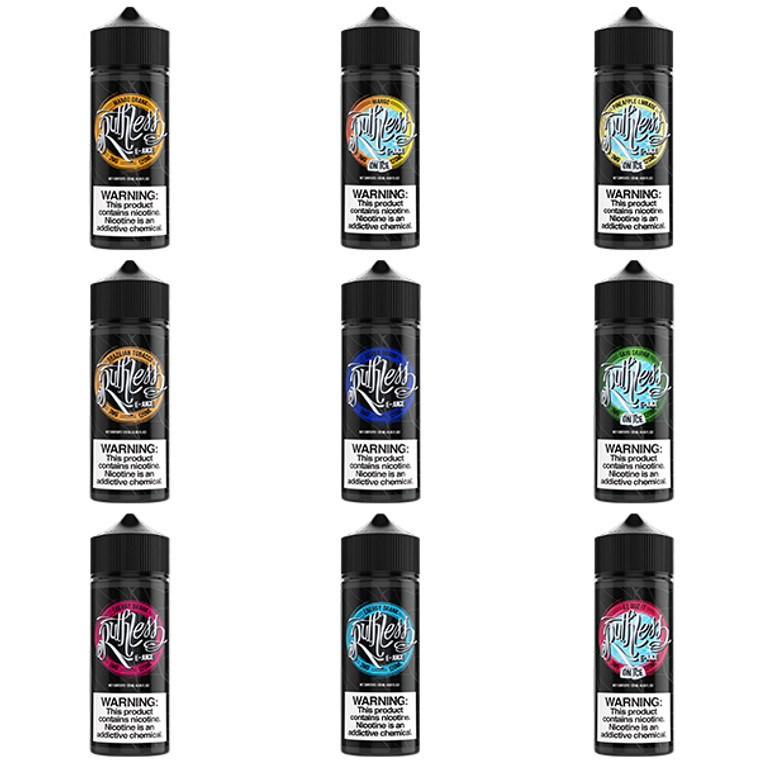 Ruthless Series E-Liquid 120mL (Freebase)
The Ruthless Series E-Liquid 120mL (Freebase) offers a collection of classic flavors that have stood the test of time. From the original Grape Drank to the beloved EZ Duz It, this series brings back the nostalgia and vaping glory of these timeless favorites. Treat yourself to these iconic flavors and indulge in a blast from the past.

Flavors:
Antidote on Ice – Mangos | Blue Raspberry | Menthol
Berry Drank – Berry | Soda
Brazilian Tobacco – Tobacco
Cherry Drank – Cherry | Soda
Energy Drank – Energy Drink (NEW)
Ez Duz It – Strawberry | Watermelon
EZ Duz It On Ice – Strawberry | Watermelon | Menthol
Gold – Cookie | Coffee | Caramel
Grape Drank – Grape | Beverage
Grape Drank On Ice – Grape | Beverage | Menthol
Jungle Fever – Pineapple | Mango
Lush On Ice – Lush | Menthol (NEW)
Mango Drank – Mango | Soda
Mango On Ice – Mango | Menthol (NEW)
Pineapple Lmnade On Ice – Pineapple | Lemonade | Menthol (NEW)
Rage – Apple | Mango
Red – Passion Fruit | Mango | Grapefruit
Skir Skirrr On Ice – Apple | Honeydew | Menthol
Slurricane – Peach | Papaya | Guava
Strizzy – Kiwi | Raspberry | Strawberry
Swamp Thang – Sour Apple
Swamp Thang On Ice – Sour Apple | Menthol
Features:
Bottle Size – 120ml Unicorn Bottle
Available Nicotine – 0mg | 3mg | 6mg
VG/PG Ratio – 70VG/30PG