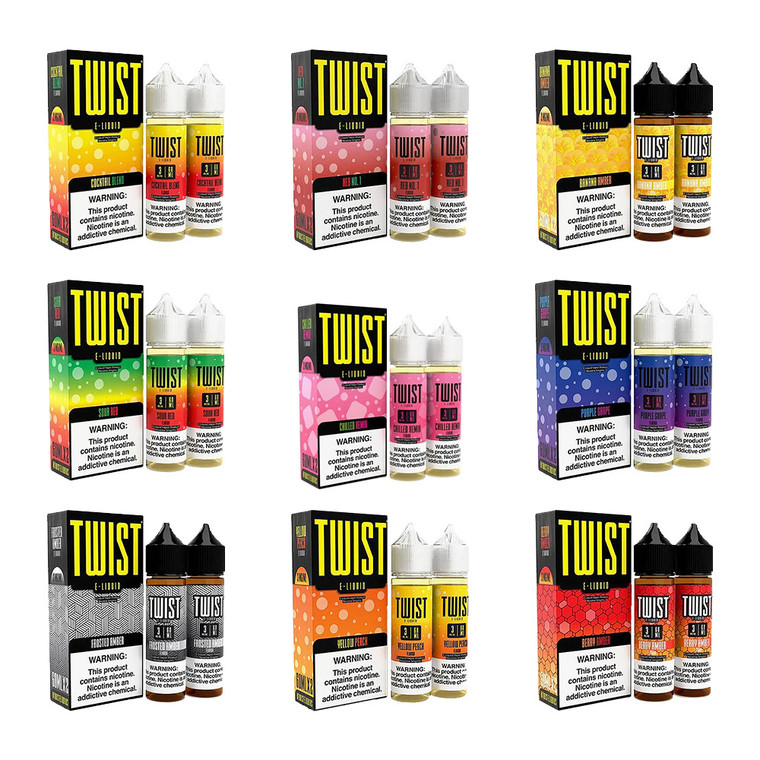 Twist Series E-Liquid 120mL (Freebase)

Introducing the Twist Series (120mL) – a captivating selection of e-liquids designed to elevate your vaping experience. With a wide array of enticing flavors, Twist Series offers something for every palate. From the delightful Banana Amber, Berry Medley Lemonade, and Berry Amber to the tropical Blend No.1 and refreshing Chilled Remix, each flavor is crafted with precision to deliver a satisfying vape.

Explore the unique profiles of Crimson Crush No.1, Cocktail Blend, Dragonthol, Frosted Amber, Golden Honey Bomb, Mango Dream Cream, Pampaya, Pink Punch No.1, Pom Berry Mix, Space No.1, and many more. Whether you prefer the crispness of Mint No. 1 or the sweetness of White No.1, Twist Series has a flavor to suit your preferences.

Each package contains two 60mL unicorn bottles, providing a total of 120mL of e-liquid. You can choose from nicotine strengths of 0mg, 3mg, and 6mg to customize your vaping experience. With a VG/PG ratio of 70VG/30PG, Twist Series delivers smooth clouds and satisfying flavor.

Indulge in the Twist Series (120mL) and explore the fusion of creativity and taste. For more options, check out our Twist Series (60mL) and Twist Salts Series (60mL). Elevate your vaping journey with Twist today!

Flavors:
Banana Amber (Banana Oatmeal Cookie) – Cookie | Banana | Oatmeal
Berry Amber (Strawberry Honey Graham) – Graham Cracker | Strawberry Jam | Honey
Berry Medley Lemonade (Berry Twist) – Berry | Lemonade
Blend No.1 (Tropical Pucker Punch) – Tropical | Strawberry | Blueberry | Pineapple | Citrus
Chilled Remix (Chilled Melon Remix) – Honeydew | Menthol
Cocktail Blend – Fruit Cocktail
Crimson Crush No.1 (Strawberry Crush Lemonade) – Strawberry | Lemonade
Crisp Apple Smash (Apple Twist) – Red Apple | Green Apple | Fuji Apple (Discontinued)
Dragonthol – Dragonfruit | Menthol
Frosted Amber (Frosted Sugar Cookie) – Cookie | Vanilla | Sugar
Golden Coast Lemon Bar – Lemon Curds | Shortbread (Discontinued)
Golden Honey Bomb – Milk | Honey
Green No.1 (Honeydew Melon Chew) – Honeydew
Mango Dream Cream – Mango | Vanilla | Cream
Menthol No.1 – Just Menthol
Mint 0° (Arctic Cool Mint) – Cool Arctic Mint
Mint No. 1 – Mint | Menthol
Pampaya – Papaya | Pomegranate
Pepino Lemonade (Pepino Twist) – Cucumber | Lime (Discontinued)
Pink Punch 0° (Pink Punch Iced) – Pink Lemonade | Menthol
Pink Punch No.1 (Pink Punch Lemonade) – Pink Lemonade
Pom Berry Mix – Pomegranate | Berry
Purple Berry – Berries
Purple Grape (Grape Berry Mix)– Grape
Rainbow No.1 (Sour Rainbow) – Rainbow Candy | Sour
Red 0° (Ice Watermelon Madness) – Watermelon Menthol
Red No.1 (Watermelon Madness) – Watermelon | Lemonade
Sour Red (Sweet & Sour) – Watermelon | Sour
Space No.1 (Space Rocks) – Strawberry | Kiwi | Candy
Tobacco Gold No. 1 – Medium Bodied Tobacco
Tobacco Platinum No. 1 – Full Bodied Tobacco
Tobacco Silver No. 1 – Light Bodied Tobacco
White Grape – White Grape
White No.1 (White Gummy) – Pineapple | Sour | Gummy Candy
Wild Red (Wild Watermelon) – Watermelon | Lemonade
Yellow Peach (Peach Blossom Lemonade) – Peach | Lemonade
Features:
Bottle Size – x2 60mL Unicorn Bottles
Available Nicotine – 0mg | 3mg | 6mg
VG/PG Ratio – 70VG/30PG