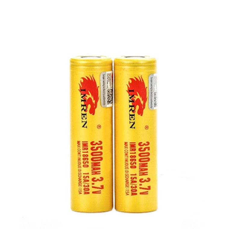 The IMREN 18650 3500mAh Battery is designed to be used with mod devices/box mods. They have flat top with 30 amps of power.

Specifications:

Size: 18650
Chemistry: IMR
Nominal Capacity: 3500mAh
Nominal Voltage: 3.7V
Discharge: 10A Max Continuous
Positive: Flat
Protected: No
Rechargeable: Yes
Dimensions: 18.39mm x 65.27mm