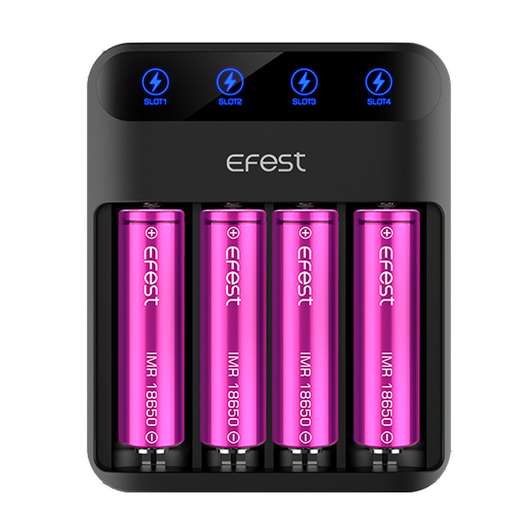 EFEST Lush Q4 Intelligent LED Charger

Features:

Three charging modes: 2.0A 1.0A 0.5A
Auto-stop when fully charged & auto-recharge when voltage lower than 4.05V
4 kinds of protection over-discharging, over-voltage, short-circuit and reverse polarity protection
The batteries at or over 0.6V can be activated by Q4 charger
Battery slot monitors independently 
HIGH QUALITY: Spring made by piano wire, it provides a smooth sliding action when installing and removing batteries. Steel cathode with low resistance and hard chromium plating processing to achieve a more precise charging voltage. 15,000+ times spring testing quality warranty.
Compatible with 3.6V / 3.7V LIMN / LI-ION Batteries: 10440 14430 14500 14650 16340 16500 17335 17650 17670 18500 18650 20700 22650 26500 26650 ect.

Packing List:

Lush Q4 Charger Body
AC Adapter
Gift Box
Warranty Card
Operation Manual