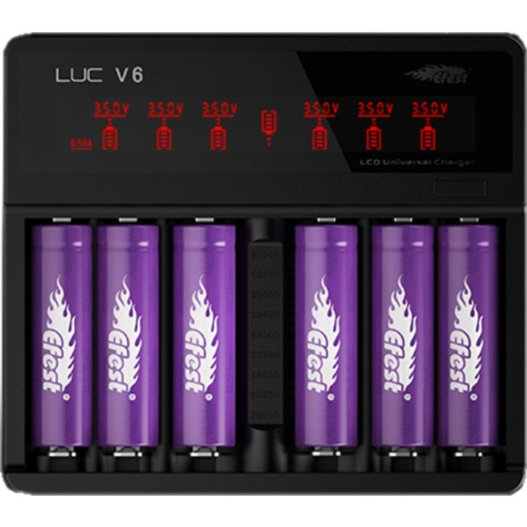Efest LUC V6 LCD & USB 6 Slots Multi-Functional Charger

HD MINI LCD Screen

Automatically detects battery status and selects the appropriate charging mode

Capable of charging 6 batteries simultaneously, each slot displays charging status independently.

Mobile Charging Station

Car Charger

Input: AC 12V/24V

Output 4.2V-6X0.68A, 4.2V-2X2A

USB output: DC 5V 1A

USB output: as power bank for charging cellphone, iPad, MP4, etc.

4 kinds of protections over-discharging, over-voltage, short-circuit and reverse polarity protection

Auto-stop when fully charged and auto-recharge when voltage lower than 4.05V