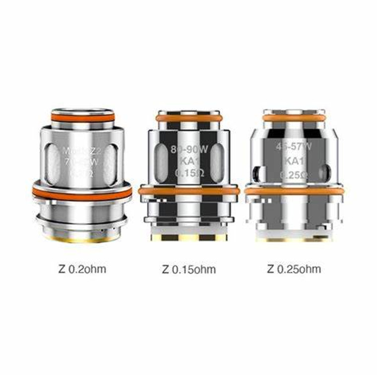 GeekVape Z Series Coils 5pk

(FORMERLY - ZEUS MESH COILS)

The GeekVape Z Series Coils are a set of kanthal meshed heating element coil atomizers built for multiple devices from GeekVape.

The mesh coils are installed in a plug n' play fashion from the bottom threaded tank base. 

Sold in 5 packs.

Z0.4 Mesh KA1 Coil 

Resistance: 0.4Ω

Rated: 60-70W (old packaging says 50-60W)

Z0.2 Mesh KA1 Coil 

Resistance: 0.2Ω

Rated: 70-80W

Z0.15 Mesh KA1 Coil 

Resistance: 0.15Ω

Rated: 80-90W

Z0.25 Dual Mesh KA1 Coil 

Resistance: 0.25Ω

Rated: 45-57W
