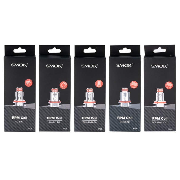 SmokTech RPM Replacement 5pk Coils

These are the replacement coils for the RPM40, RPM80, RPM80 Pro, ALIKE Pod Kit, POZZ X Pod System, and Fetch Pro Kits, all from SmokTech! They come in a package of 5 coils with multiple resistance options.

RPM Mesh 0.4Ω Coil

For best flavor

Fast heating process

Wattage: 25W

RPM DC 0.8Ω MTL Coil

Dual coils for MTL vaping

Larger area & faster heating

2mm inner hole for excellent wicking

Huge vapor & quality flavor

Wattage: 16W

RPM Triple 0.6Ω Coil

Fast ramp-up time

Excellent flavor & vapor production

Wattage: 25W

RPM Quartz 1.2Ω Coil

Purer flavor

Fast heat up time

Wattage: 12W (Best)

RPM SC 1.0Ω Coil

Single 1.0Ω Coil

Intense flavor & dense vapor

Wattage: 14W (Best)

RPM MTL MESH 0.3Ω Coil

Mouth-to-lung

Massive vapor & excellent flavor

More power efficient & longer lifespan 

Wattage: 10W-15W