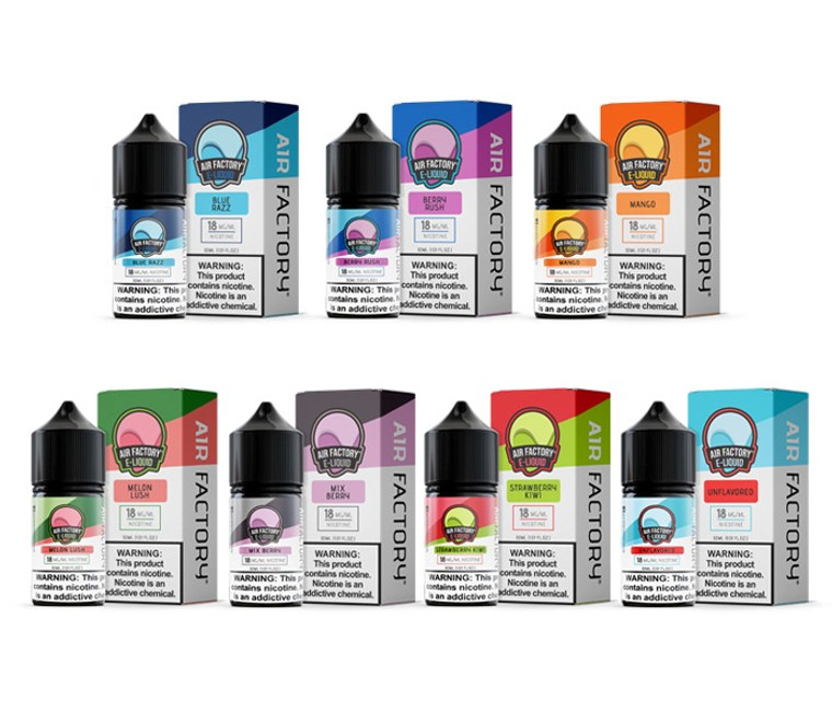 Air Factory Salt Series E-Liquid 30mL (Salt Nic) | 18mg / 36mg

Air Factory Salt Series E-Liquid 30mL (Salt Nic) is an exceptional brand that offers an unparalleled vaping experience. With a wide range of delectable flavors, Air Factory E-Juice takes your taste buds on an extraordinary journey. Each puff is a burst of pure delight, as the meticulously crafted e-liquids deliver a perfect balance of flavor and vapor production. Whether you’re craving the nostalgic sweetness of taffy or the refreshing tang of fruity blends, Air Factory E-Juice has something to satisfy every palate. Their commitment to quality is evident in every bottle, ensuring consistent and premium taste with every vape. Treat yourself to the extraordinary flavors of Air Factory E-Juice and elevate your vaping experience to new heights.

 

Flavors:

Fruit

Berry Rush: A Burst of Wild Berries
Blue Razz: The Tang of Blue Raspberry
Mango: A Tropical Fusion of Mango, Pineapple, and Black Currant
Melon Lush: Refreshing Watermelon Bliss
Mix Berry: A Medley of Berries, Sweet Fruit, and a Hint of Mystery
Strawberry Kiwi: A Delicate Balance of Strawberry and Kiwi
Pink Berry (New)
Red Apple (New)
Watermelon Strawberry (New)

Frost

Blue Razz Ice: Blue Raspberry with a Chilly Menthol Twist
Mango Ice: Cool Mango Infused with Invigorating Menthol
Melon Lush Ice: Chilled Watermelon with a Menthol Chill
Menthol: Pure and Refreshing Menthol
Mint: Crisp Mint with a Hint of Menthol
Tropic Freeze: A Tropical Symphony of Strawberry, Kiwi, and Icy Menthol

Treat

Creamy Crunch: A Delightful Blend of Pastry, Brown Sugar, and Cinnamon
Custard: Smooth and Velvety Vanilla Custard
Vanilla Crumble (New)

Tobacco

Bold Tobacco: The Richness of Full-Bodied Tobacco
Custard Tobacco: A Perfect Fusion of Custard and Tobacco
Tobacco: The Classic Taste of Pure Tobacco

Unflavored

Unflavored: Pure and Simple, No Added Flavors

Features:
• Bottle Size – 30mL Unicorn Bottle
• Available Nicotine – 18mg | 36mg
• VG/PG Ratio – 50VG/50PG
