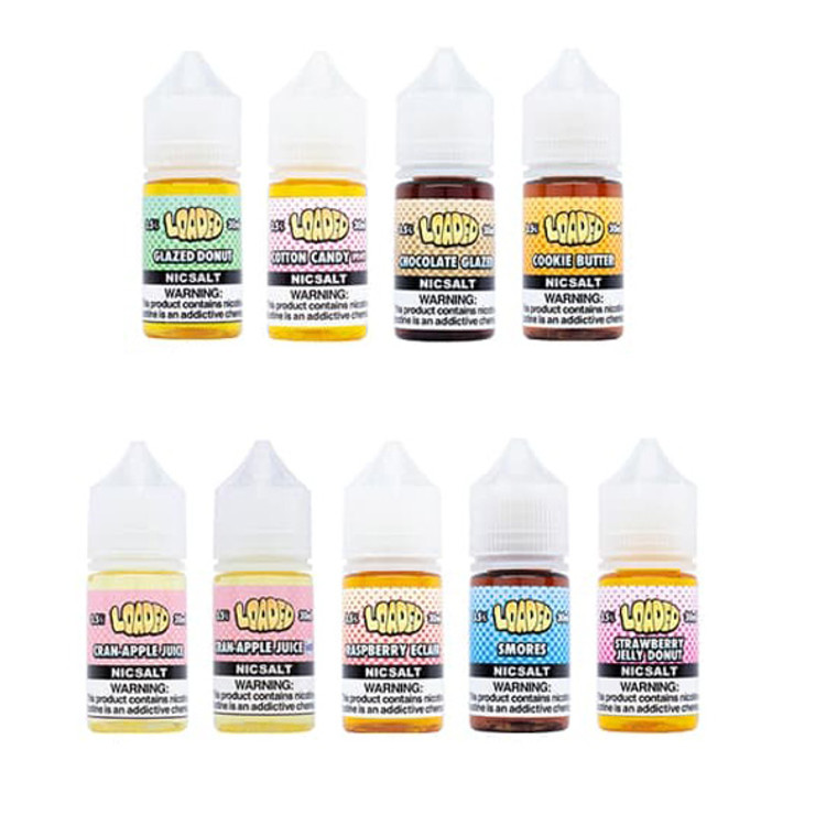 Loaded Salt Series E-Liquid 30mL (Salt Nic)

Diets are hard, but quitting (a bad habit) doesn’t have to be. Everything you know and love about the Loaded Salt Series E-Liquid 30mL (Salt Nic), specially formulated for your favorite pod system. Lets Get LOADED. Loaded Salt Series | 30mL offers a selection of delicious flavors specially formulated for your favorite pod system. Indulge in the same great taste you know and love from the Classic LOADED series, now available in nicotine salt form. Whether you’re craving the rich and sweet Chocolate Glazed, the creamy and nutty Cookie Butter, or the refreshing Cran Apple, there’s a flavor to satisfy every palate. Experience the delightful combination of flavors in Glazed Donut, Raspberry Eclair, Smores, Strawberry Jelly Donut, and Pink Cotton Candy. Each 30mL unicorn bottle provides a convenient and portable vaping experience. Choose between 35mg or 50mg nicotine strength options. The 50VG/50PG ratio ensures a well-balanced blend of flavor and vapor production. Please note that Loaded Salt Series is not suitable for use in sub-ohm devices.




Flavors:
Chocolate Glazed – Chocolate | Glazed Donut
Cookie Butter – Cream | Peanut Butter | Cookie Dough
Cran Apple – Cranberry Apple Juice
Cran Apple Iced – Cranberry Apple Juice | Menthol
Glazed Donut – Doughnut | Vanilla | Cinnamon
Pink – Cotton Candy
Raspberry Eclair – Raspberry | Pastry | Cream
Smores – Marshmallow | Cinnamon | Graham Cracker | Chocolate
Strawberry Jelly Donut – Donut | Strawberry Jelly
Features:
Bottle Size – 30mL Unicorn Bottle
Available Nicotine – 35mg | 50mg
VG/PG Ratio – 50VG/50PG

*NOT FOR USE IN SUB-OHM DEVICES*