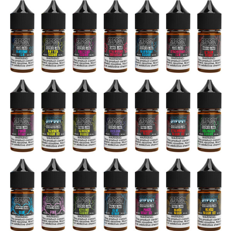 Sadboy Salt Series E-Liquid 30mL (Salt Nic)

Sadboy Salt Series E-Liquid 30mL (Salt Nic) offers a wide variety of delectable flavors to satisfy your taste buds. Choose from the Cookie Line, Jam Line, Fruit Line, Happy End Line, Nola Line, and Cake Line to experience unique and delicious combinations. Each flavor is carefully crafted to provide a satisfying vaping experience with smooth nicotine salt formulations. Enjoy the convenience of a 30mL unicorn bottle and select your preferred nicotine strength. The 50VG/50PG ratio ensures a balance between flavor and vapor production. Please note that Sadboy Salt Series is not intended for use in sub-ohm devices.

Flavors:

Cookie Line:

Butter Cookie – Cookie | Ginger Bread | Cream
Blueberry Cookie – Cookie Dough | Blueberry
Custard Cookie – Cookie | Custard
Key Lime Cookie – Cookie | Key Lime | Graham Crackers
Lychee Cookie – Cookie | Lychee
Pumpkin Cookie – Cookie | Pumpkin
Shamrock Cookie – Cookie | Mint
Unicorn Tears – Cookie | Fruity | Mystery

Jam Line:

Blueberry Jam  – Sugar Cookie | Blueberry Jam
Strawberry Jam – Cookie | Strawberry Jam
Lemon Jam – Lemon Cookie | Lemon Jam

Fruit Line:

Fruit Punch Berry Ice – Berry Punch | Raspberry | Lemonade | Menthol
Fruit Mango Ice –  Mango | Menthol
Fruit Mango – Mango
Fruit Punch Berry – Berry Punch | Raspberry | Lemonade
Mango Blood – Mango
Mango Blood Ice – Mango | Menthol
Rainbow Blood – Tropical Rainbow Fruit
Rainbow Blood Ice – Tropical Rainbow Fruit | Menthol
Strawberry Blood – Strawberry
Strawberry Blood Ice – Strawberry | Menthol

Happy End Line:

Happy End Pink – Strawberry | Cotton Candy
Happy End Blue – Blueberry | Cotton Candy

Nola Line:

Nola Strawberry – Strawberry | Granola Bar | Milk
Nola Blueberry – Blueberry | Granola Bar | Milk

Cake Line:

Strawberry Cheesecake – Strawberry | Cheesecake
Coconut Cake – Coconut | Vanilla (New)
Features:
Bottle Size – 30mL Unicorn Bottle
Available Nicotine – 28mg | 48mg
VG/PG Ratio – 50VG/50PG

*NOT FOR USE IN SUB-OHM DEVICES*