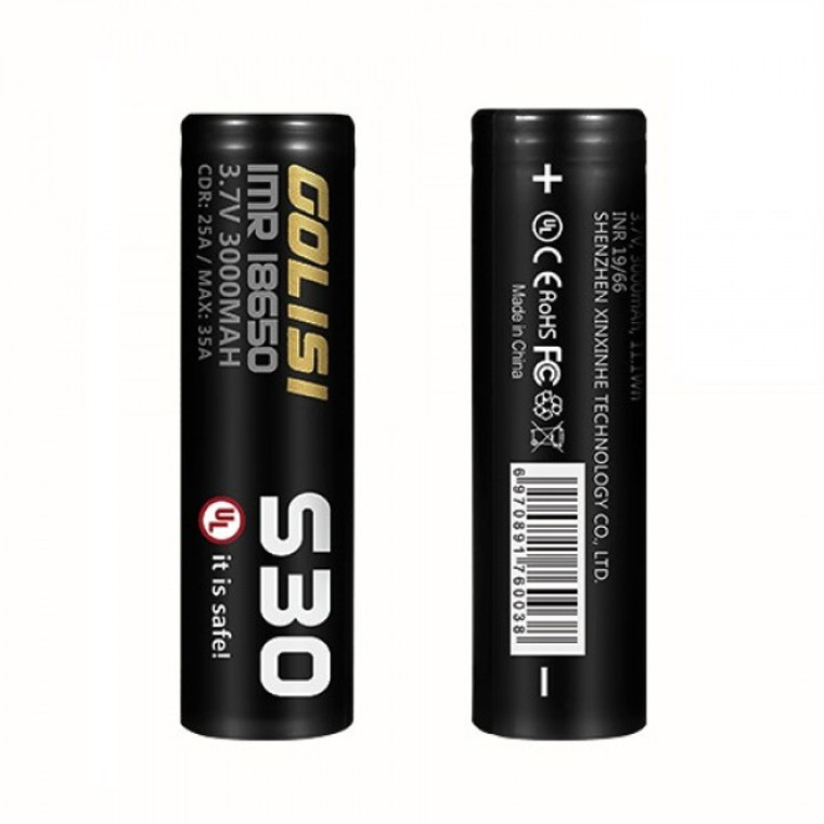 GOLISI IMR Pro Series 18650 2pk Batteries

Golisi S26 : 
This battery is a newcomer of the 18650 pro-series family by Golisi. Its life cycle is expected more than 800 times, compared to traditional batteries, it is more powerful, environmentally friendly, safer, and economic to use.  S26 is covered with PLI (Product Liability Insurance) by PICC.
Capacity: 2600mAh
Constant Discharging: 25A
Safety protection: Based on UL1642 standard, no leaking or explosion in extreme tests of over–charging, short circuit, over discharging, high temperature.
Certificates: CE, ROHS, FCC, MSDS, WEEE, UN38.3, IEC62133, drop test, sea / air shipping safetly report.
High performance: S26 CDC remains high even only 20% of power left.
Vaping mods recommend: GeekVape Aegis, GeekVape Athena Squonk, Sigelei Spectrum.
Click here for more information from the manufacturer. 
Golisi S30 :
This battery is a high drain IMR 18650 battery with high capacity and high power performance from Golisi. Its life cycle is more than 800 times, compared to traditional batteries, it is more powerful, environmentally friendly, safer and economic to use.  S30 is covered with PLI (Product Liability Insurance) by PICC.
Capacity: 3000mAh
Constant Discharging: 25A
Safety protection: S30 has a protection mechanism. It stops working immediately and permanently when short-circuited, no worries of flame or leaking.
Certificates: CE, ROHS, FCC, WEEE, MSDS, UN38.3, IEC62133, drop test, sea / air shipping safety report.
Vaping mods recommend: Geekvape Aegis, Sigelei Spectrum.
Click here for more information from the manufacturer. 
Cautions:
1. Do not dispose to fire or water.
2. Keep the battery in a battery case and store at dry places , don’t leave the battery in devices when it’s idling.
3. Do not use it out of operating temperature.