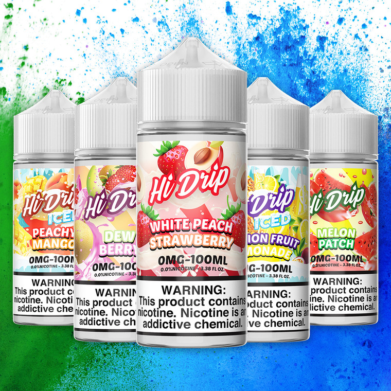 Hi-Drip Series E-Liquid 100mL (Freebase)
Indulge in the ultimate vaping experience with the Hi-Drip Series E-Liquid 100mL (Freebase). Designed to deliver sweet clouds of flavor, this collection offers an extensive range of delicious flavors that will tantalize your taste buds. Whether you’re a fan of tropical fruits, refreshing menthol, or classic blends, Hi-Drip has something to satisfy every palate. Get ready to immerse yourself in a vaping journey like no other.

Quick Links:
Hi-Drip Classics Series (60mL)
Hi-Drip Salts Series (30mL)

Flavors:
Dewberry (Honeydew Strawberry): Honeydew Melon | Strawberry | Taffy
Dewberry Iced (Honeydew Strawberry Iced): Honeydew Melon | Strawberry | Taffy | Menthol
Guava Lava: Guava | Strawberry
Guava Lava Iced: Guava | Strawberry | Menthol
Island Orange (Formerly Blood Orange Pineapple): Orange | Pineapple | Taffy
Island Orange ICED (Formerly Blood Orange Pineapple Iced): Orange | Pineapple | Taffy | Menthol
Melon Patch (Water-Melons): Watermelon | Taffy
Melon Patch Iced (Water-Melons Iced): Watermelon | Taffy | Iced
Nectarine Lychee: Nectarine | Lychee
Nectarine Lychee Iced: Nectarine | Lychee | Menthol
Peachy Mango (Mango Peach): Mango | Peach | Taffy
Peachy Mango Iced (Mango Peach Iced): Mango | Peach | Taffy | Menthol
Passionfruit Fruit Lemonade: Passionfruit | Lemonade (New)
Passionfruit Fruit Lemonade Iced: Passionfruit | Lemonade | Menthol (New)
White Peach Strawberry: White Peach | Strawberry (New)
White Peach Strawberry Iced: White Peach | Strawberry | Menthol (New)
Features:
Bottle Size – 100mL Unicorn Bottle
Available Nicotine – 0mg | 3mg | 6mg
VG/PG Ratio – 70VG/30PG