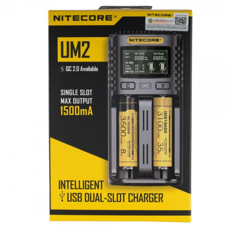 Nitecore UM2 Intelligent USB Charger

The Nitecore UM2 Intelligent USB Dual-Slot Charger is an efficient charger for high-drain battery cells of various capacities and sizes (18650 / 20700 / 21700 / 26650), alongside automatic type detection, various inputs, and new restoration mode. The special restoration mode can potentially revive overdrawn or drained Li-ion batteries, extending the life of them. With up to 1500mAh charging speed per slot, the Nitecore UM2 has two bays to automatically detect Li-ion, IMR, Ni-MH, and other various battery types and apply the proper charging settings optimal to maintaining battery health. Furthermore, the Nitecore UM2 has a slew of internal protections to guard against failing or damaging the batteries while also maintaining optimal heat dissipation from the durable and flame retardant PC chassis.

QC 2.0 Input Available
Total Max Output of 3000mA with Single Slot Max Ouput of 1500mA
LCD Display Shows Real-Time Charging Information
USB Charging Port for Outdoor Charging
CHARGING PROGRAM SPECIALLY OPTIMIZED FOR IMR BATTERIES - UM2 incorporates an optimized IMR battery charging program, which is able to monitor the entire charging process, ensuring that the cut-off voltage is always within safe limits to extend the lifespan of the batteries.

Input:	DC 5V/2A 9V/2A 18W (MAX)
Output:	4.35V±1% / 4.2V±1% / 3.7V±1% / 1.48V±1%
QC Mode:	1,500mA x 2 (MAX)
Standard Mode:	1,000mA x 2 (MAX)
Compatible With: IMR / Li-ion / LiFePO4	10440, 14500, 14650, 16500, 16340(RCR123), 16650, 17350, 17500, 17650, 17670, 17700, 18350, 18490, 18500, 18650, 18700, 20700, 21700, 22500, 22650, 25500, 26500, 26650, 26700
Compatible With: Ni-Mh / Ni-Cd	AA, AAA, AAAA, C, D
Dimensions: 	152mm x 73mm x 40mm 
Weight:	148.3g (5.23oz) - without charging cable