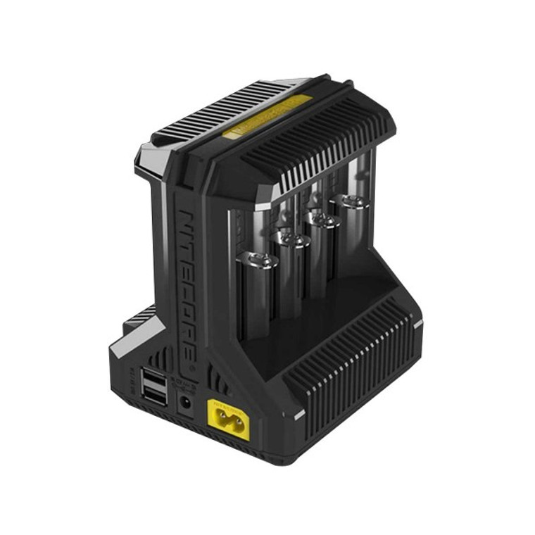 Nitecore i8 Battery Intellicharger 

The Nitecore i8 multi-slot intelligent charger monitors and charges each of the 8 slots independently and automatically detects power level of batteries and selects the appropriate voltage and charging mode. 

active current distribution - the ACD technology allows the i8 to actively distribute its power among 8 slots in an orderly manner (the charger will divert a portion of its current to charge other batteries).
automatically detects power level of batteries and selects the appropriate voltage and charging mode.
designed for optimal heat dissipation.
supports USB output.
The i8 is distinguished from traditional multi-slot chargers, saving room on the desktop. The i8 is capable of activating depleted Li-ion batteries with a protective circuit. After battery installation, the i8 will test and activate the battery before charging. It also has overtime protection - It will individually monitor elapsed charging time for each battery slot and if a particular slot exceeds 20 hours, the i8 will automatically stop charging and the green power indicators will illuminate to indicate completion of the charging process. This feature reduces the risk caused by batteries off lesser quality. 
Input:
AC 100-240V 50/60Hz 0.6A(MAX) 30W
DC 12V 3A

Output Voltage:
battery: 4.2V±1%/ 1.48V±1%
USB: 5V±5%

Output Current:
battery: 1.5A*2, 1A*4, 0.75A*4, 0.5A*8
USB: 5V*2.1A

Compatible With:
Li-ion/IMR: 10340, 10350, 10440, 10500, 12340, 12500, 12650, 13450,
13500, 13650, 14350, 14430, 14500, 14650, 16500,
16340(RCR123), 16650, 17350, 17500, 17650, 17670, 18350,
18490, 18500, 18650, 22500, 22650, 25500, 26500, 26650
Ni-MH(Ni-Cd): AA, AAA, C, D