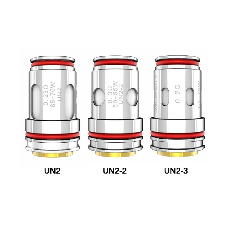 The Crown 3 coil system by Uwell is designed to deliver exceptional vapor and flavor production. It features a parallel coil structure that ensures even heating and consistent performance. The coils are easily replaceable thanks to the convenient plug-pull mechanism, allowing for a fast and hassle-free coil replacement process.

Features:
0.2Ω – Rated For 80-90W
0.5Ω – Rated For 70-80W
0.4Ω – Rated For 55-65W
UN2 Mesh 0.23Ω – Rated for 64-75W
Includes:
4 Coils Per Pack
Description

The Uwell Crown 4 Replacement Dual SS904L Coil is crafted with high-quality stainless steel and organic cotton, ensuring excellent flavor and longevity. It is available in 0.2ohm and 0.4ohm options, both of which deliver outstanding performance. These coils are specifically designed for use with the Uwell Crown IV tank, offering a perfect fit and compatibility. Each pack contains 4 coils, providing you with ample replacements.

Features:
Dual SS904L 0.2ohm – Rated For 70-80W
Dual SS904L 0.4ohm – Rated For 60-70W
FeCrAl UN2 0.23ohm – Rated For 60-70W
Description
Uwell Crown V Coils | 4-Pack

Experience a vaping revolution with the Uwell Crown V Coils | 4-Pack, a remarkable collection of high-performance mesh coils that will take your vaping journey to new heights. Designed to elevate your flavor and vapor production, these coils are meticulously engineered to deliver an unparalleled vaping experience like no other.

Indulge in rich, intense flavors with every puff as the advanced mesh technology evenly heats your favorite eJuices, bringing out the full spectrum of taste notes. Say goodbye to muted flavors and say hello to a symphony of taste sensations that will leave your taste buds dancing with delight.

Unleash massive clouds of vapor with the Uwell Crown V Coils, thanks to their efficient airflow and superior wicking capability. Each draw becomes a sensory delight, as thick, billowing clouds engulf you in a truly immersive vaping experience.

Features:
UN2 Single Mesh Coil 0.23ohm – rated for 65-70W
UN2-2 Dual Mesh Coils 0.3ohm – rated for 50-55W
UN2-3 Triple Mesh Coils 0.2ohm – rated for 65-70W
Press-Fit Coil Installation
Pro-FOCS Flavor Testing Technology
Includes:
4 Pack Of Crown V Coils