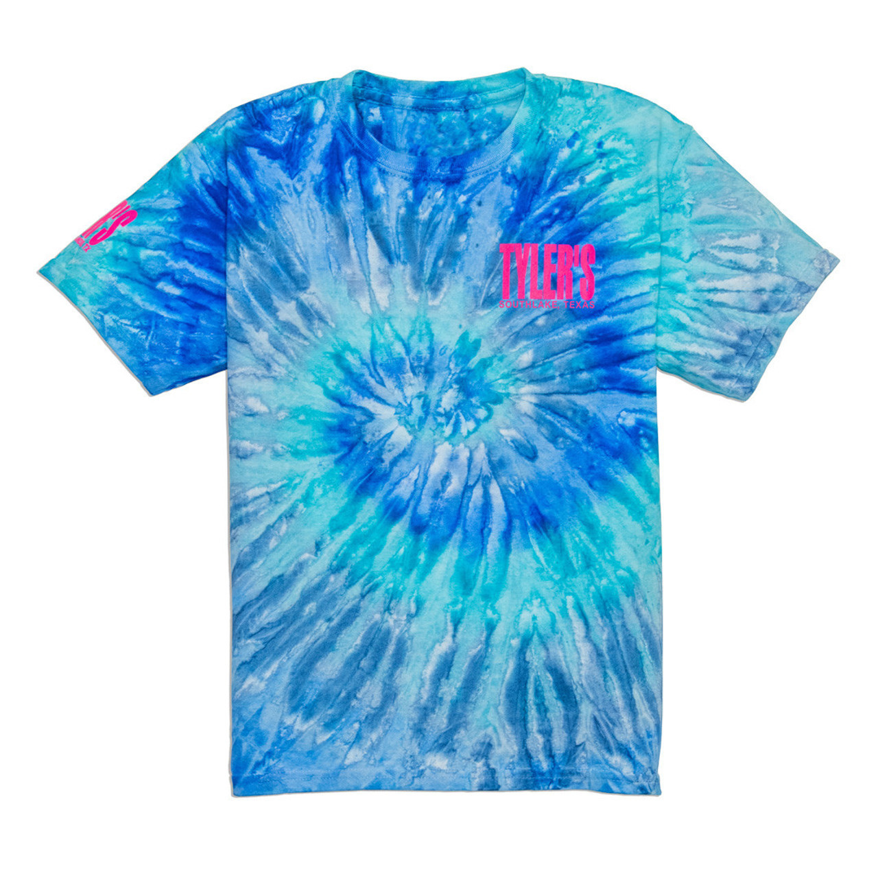 pink and teal tie dye shirt