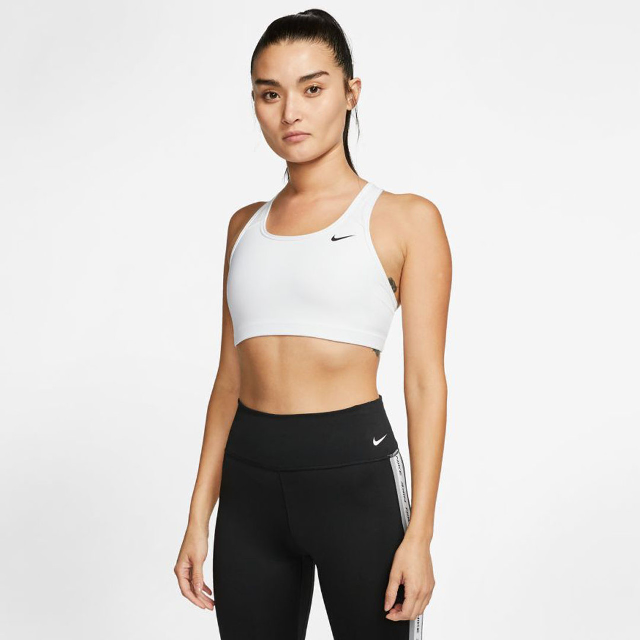 white nike swoosh sports bra