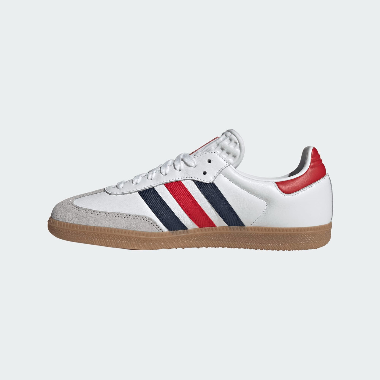 red white and blue adidas sambas