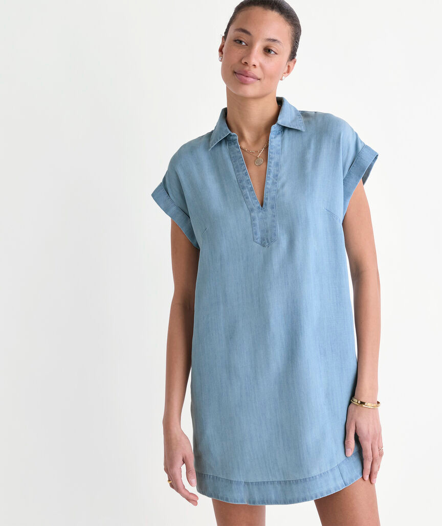 women chambray dress Perfect Tencel Short Sleeve Shirtdress - / Midnight Blue- Size4XS Easy and elevated Fact Or Fiction Chambray Dress