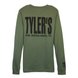 TYLER'S Military Green/Black Long Sleeve Track Tee back view The Woodlands