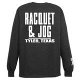 TYLER'S black and white long sleeve block tee, back view angle