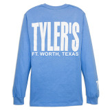 TYLER'S light blue and white long sleeve block tee, back view