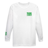 TYLER'S Kids' White and Green Long Sleeve Tee, angled view