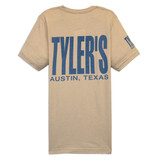 TYLER'S Heather Tan/Dusty Blue Track Tee Austin back view