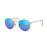 Ray-Ban Round Flash Lenses Polarized Sunglasses in gold frame with blue lenses