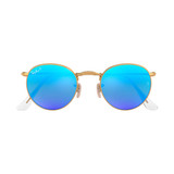 Ray-Ban Round Flash Lenses Polarized Sunglasses in gold frame with blue lenses