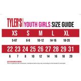 TYLER'S Girls' Heather Racer Shorts in youth size with fit details shown