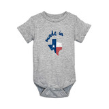 TYLER'S Made In Texas Onesie in white with blue text print