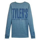 TYLER'S Heather Slate and Storm Blue Long Sleeve Track Tee back view Dallas