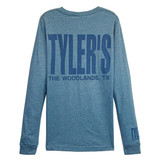 TYLER'S Heather Slate and Storm Blue Long Sleeve Track Tee back view The Woodlands