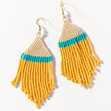 Glass Beads And Thread Stripe Fringe Earrings - Yellow Turquoise