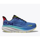 The Hoka Men's Clifton 9 Running Shoes in the Virtual Blue/Cerise Colorway