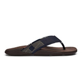 The Olukai men's tuahine leather beach sandals in the colorway Trench Blue/ DK Wood