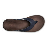 The Olukai men's tuahine leather beach sandals in the colorway Trench Blue/ DK Wood