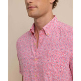 The Linen Rayon Ditzy Floral Short Sleeve Sport hoodie in Geranium Pink in colorway