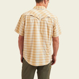 The Howler Brothers Men's Open Country Tech Shirt in the Braden Plaid Brown Rice Colorway
