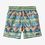 The Patagonia Boys' Baggies 5" Shorts in the High Hopes Geo Salamander Green Colorway