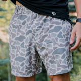 Burlebo Men's Everyday Performance Shorts in Deer Camo/Grey Pocket front view