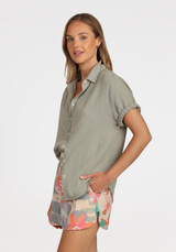 Dylan Women's Taylor Button Up Roll Sleeve Top in sage colorway