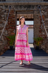 Bindu Women's Celine Maxi Dress in pink orange colorway