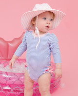 Ruffle Butts Toddler Girls' Seersucker Long Sleeve Swimsuit in periwinkle colorway