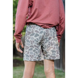 The Burlebo Boys' Everyday Performance Shorts in Classic Deer Camo with Grey Pockets