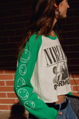Daydreamer Women's Nirvana Nevermind Crop Long Sleeve Tee in lucky green combo colorway