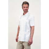 The San Cristobal Men's Positano Classic Guayabera Shirt in the White and Blue Mini Check pattern with Blue Stitching