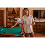 The San Cristobal Men's Positano Classic Guayabera Shirt in the White and Blue Mini Check pattern with Blue Stitching